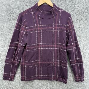 Lands End Womens Medium 10/12 Knit Mock Neck Sweater Purple Plaid Check‎